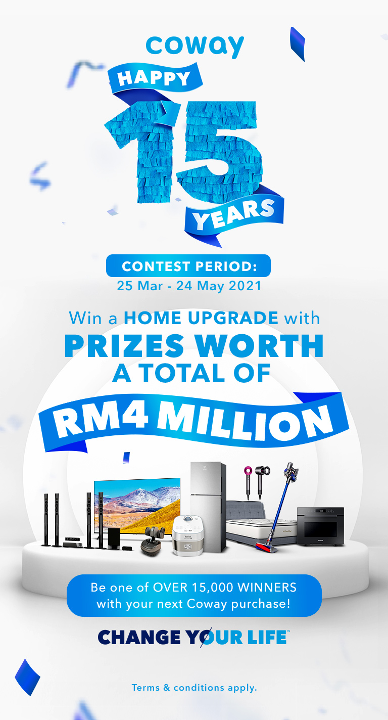 Coway Happy 15 Years Contest More than 15,000 winners will stand a chance to bring home prizes worth a total of  RM4,000,000!